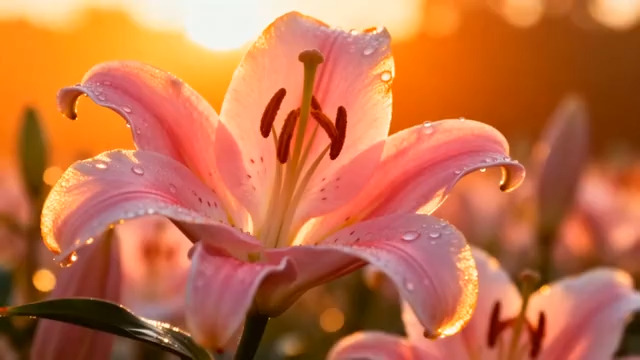  夕阳下的粉色百合花2375#横屏 	 