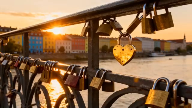  夕阳下的爱心锁 浪漫桥景2365#横屏 	 