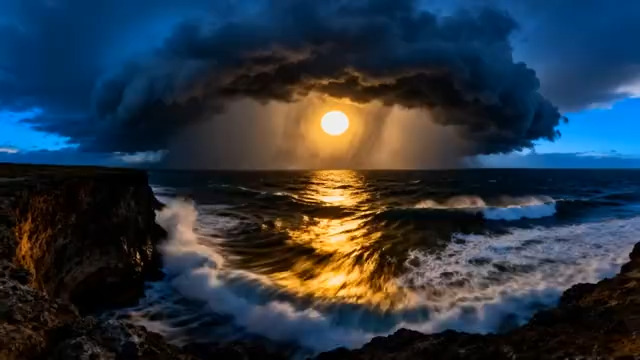  乌云遮日海浪撞击礁石2346#横屏 	 