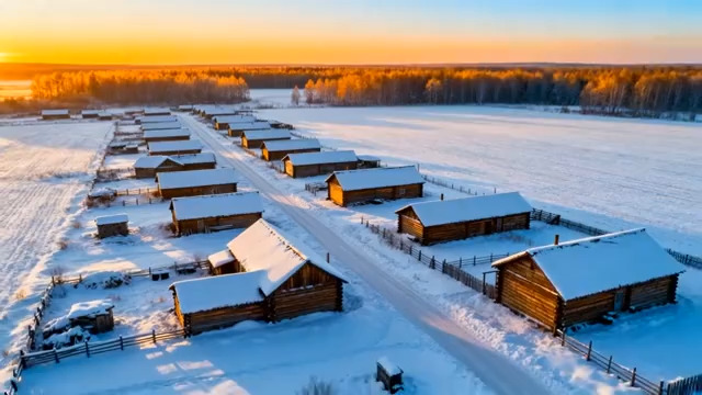  雪后村庄航拍 夕阳雪景2616#横屏 	 