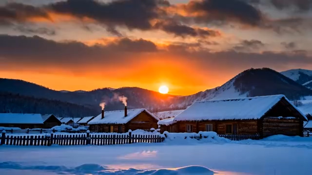  雪村日落炊烟袅袅2601#横屏 	 