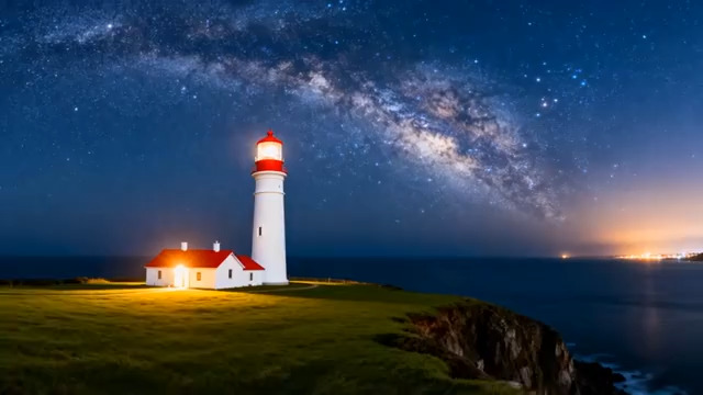  星空下的海边灯塔2554#横屏 	 - 