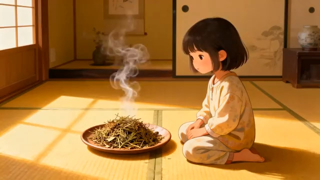  小女孩跪坐看冒烟盘子2508#横屏 	 