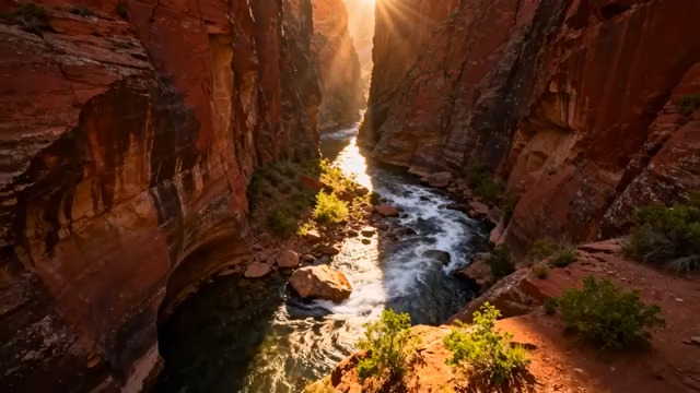  峡谷溪流晨光航拍2434#横屏 	 