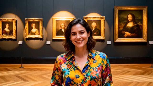  微笑女子在美术馆欣赏画作2289#横屏 	 