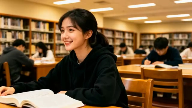  图书馆专注学习的女生2256#横屏 	 