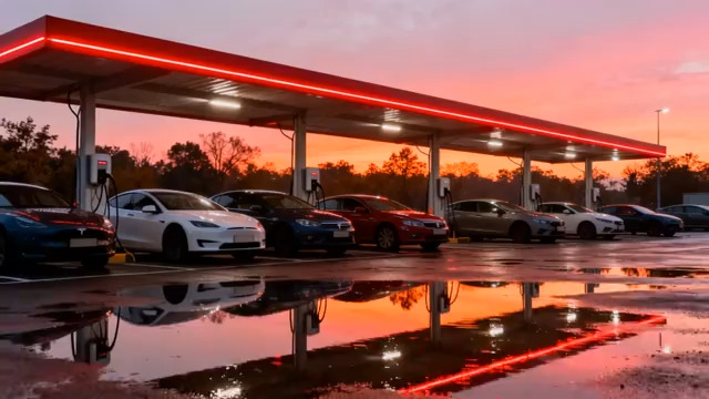  晚霞中的电动汽车充电站2265#横屏 	 