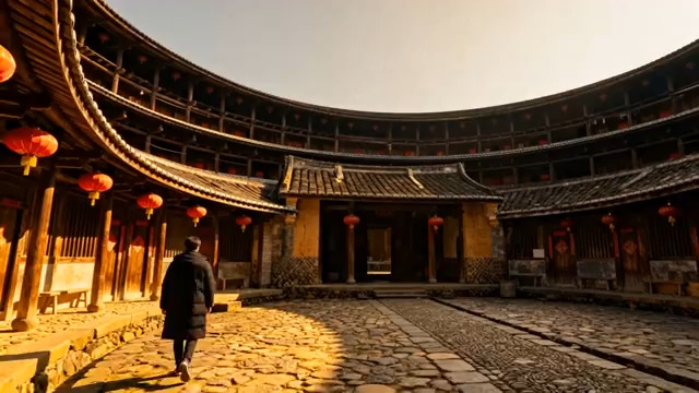  土楼内红衣人漫步2257#横屏 	 