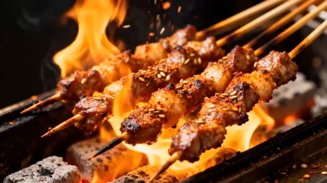  炭火烤羊肉串特写2225#横屏 	 -