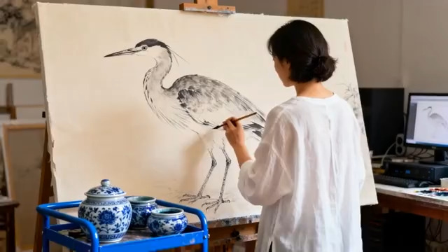  水墨画家绘苍鹭过程2189#横屏 	 -