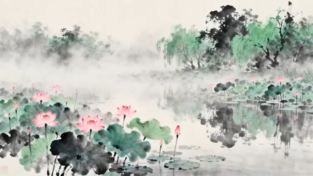  水墨荷花池塘意境2186#横屏 	 