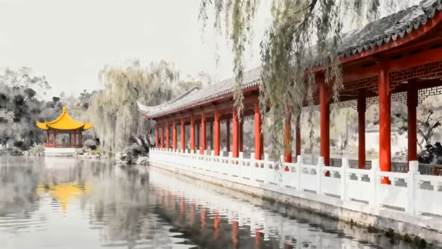  水墨风中式园林景观2184#横屏 	 