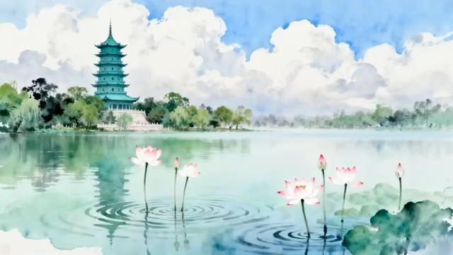  水墨风荷花古塔湖景2181#横屏 	 