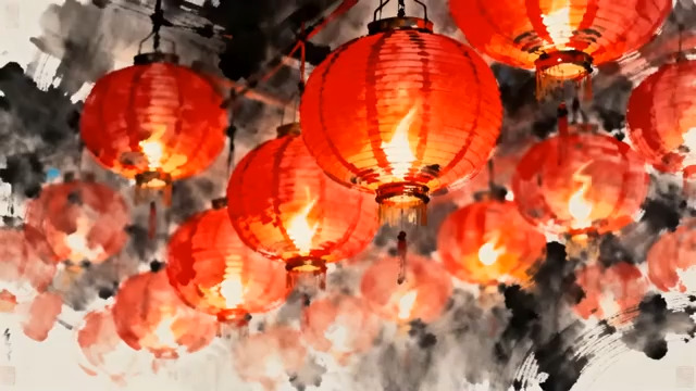  水墨风红灯笼装饰背景2182#横屏 	 