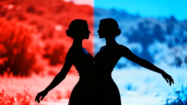  双人舞蹈剪影 红蓝背景2169#横屏 	 