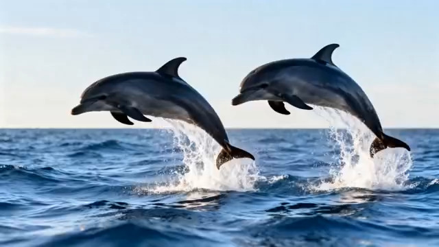 双海豚飞跃海面瞬间2166#横屏 	 