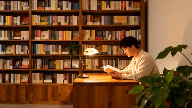  书房灯下阅读的青年2158#横屏 	 