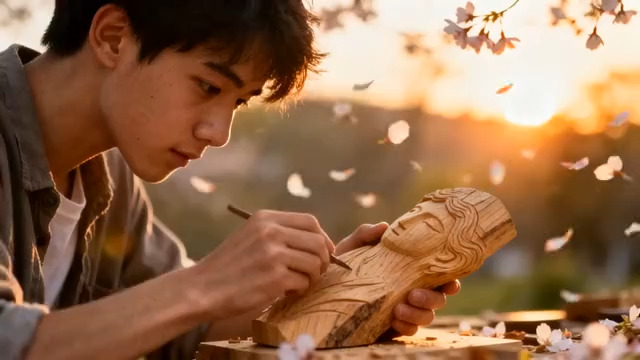  少年木雕师 樱花下的匠心2056#横屏 	 
