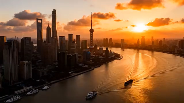  上海外滩日落航拍2043#横屏 	 