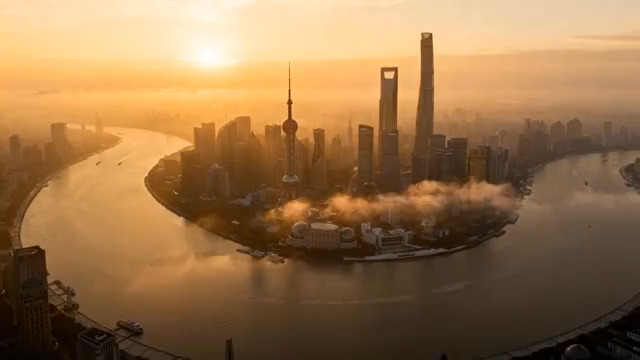  上海外滩日出航拍2042#横屏 	 