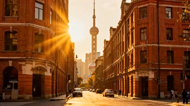  上海老建筑夕阳街景2033#横屏 	 