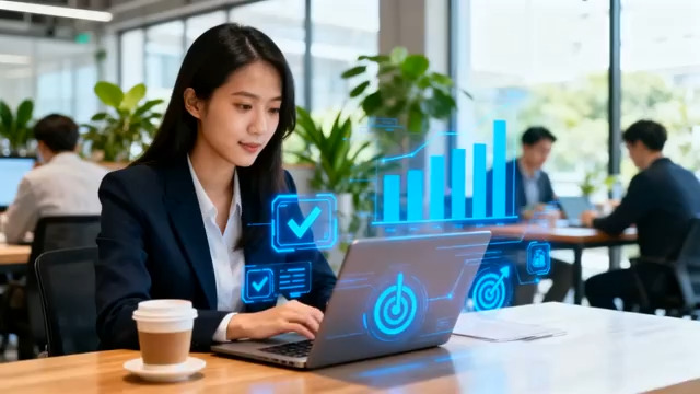  商务女性办公数据可视化1982#横屏 	 