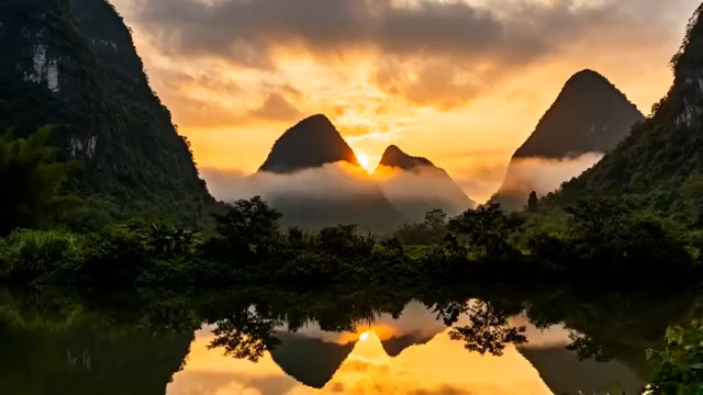  山水日出晨雾倒影1960#横屏 	 