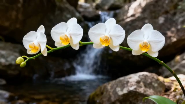  山间瀑布与白色兰花1948#横屏 	 -