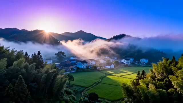  山村晨雾日出美景1930#横屏 	 