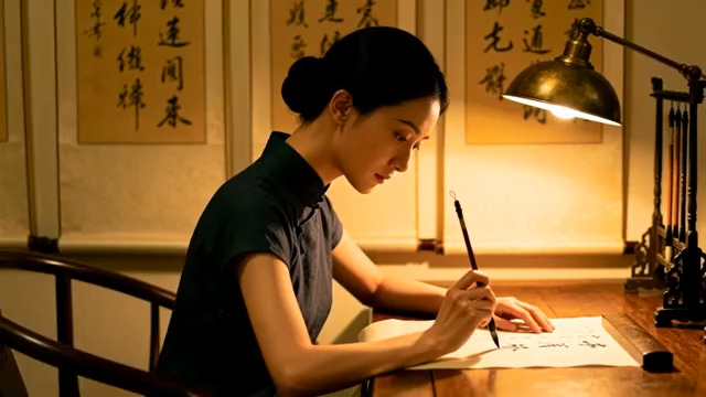  旗袍女子写毛笔字1704#横屏 	 -