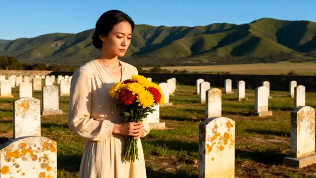  女子墓前献花缅怀1680#横屏 	 