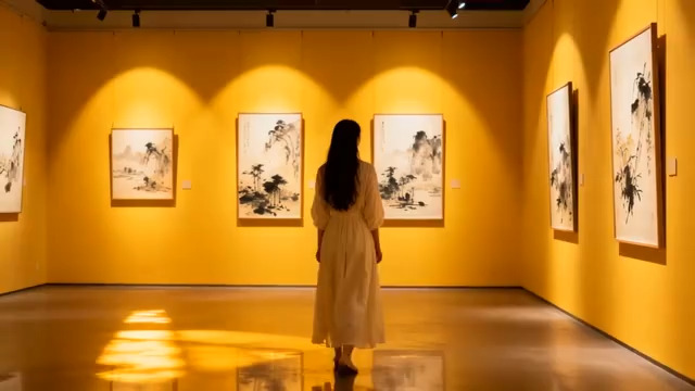  女子在画廊看水墨画1682#横屏 	 -