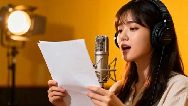  女生戴耳机麦克风录音1660#横屏 	 