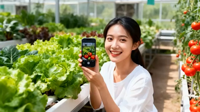  女生在温室用手机拍蔬菜1662#横屏 	 