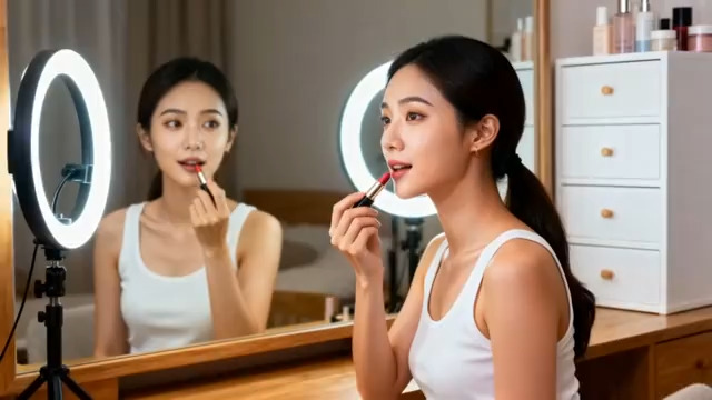  女生镜前涂口红化妆1661#横屏 	 