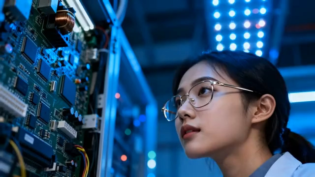  女工程师检查服务器主板1653#横屏 	 