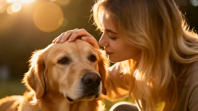  女孩与金毛犬的温馨时光1656#横屏 	 