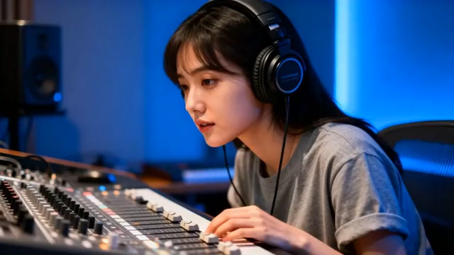  女调音师操作混音台1652#横屏 	 