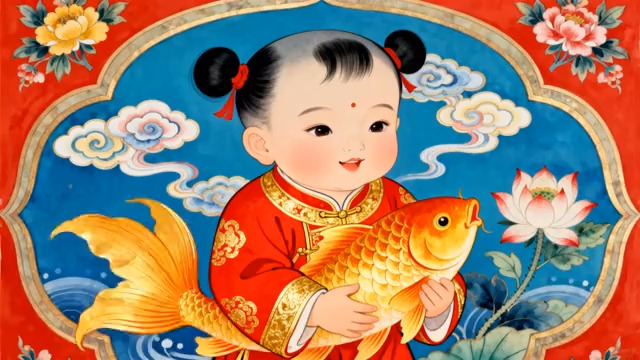  年画娃娃抱金鱼1642#横屏 	 - 