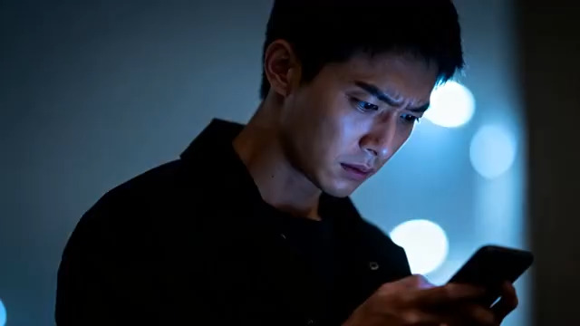  男子深夜看手机表情凝重1629#横屏 	 