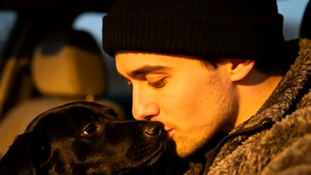  男子与狗狗车内温情互动1633#横屏 	 