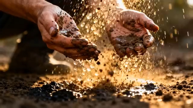  泥土从手中洒落特写1638#横屏 	 -