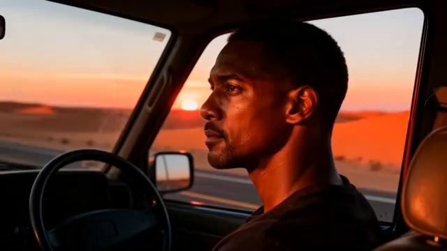  沙漠公路驾车男子剪影1906#横屏 	 -