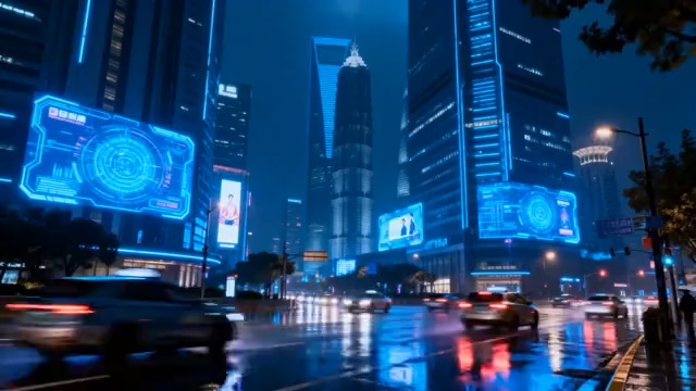  赛博朋克雨夜城市街景1875#横屏 	 