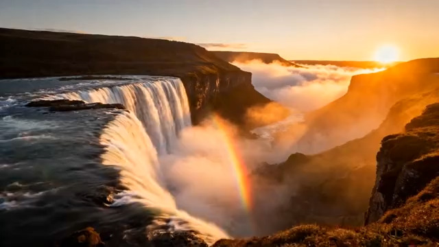 日落瀑布与彩虹壮丽景观1852#横屏 	 