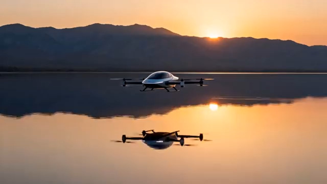  日落湖面飞行汽车1851#横屏 	 