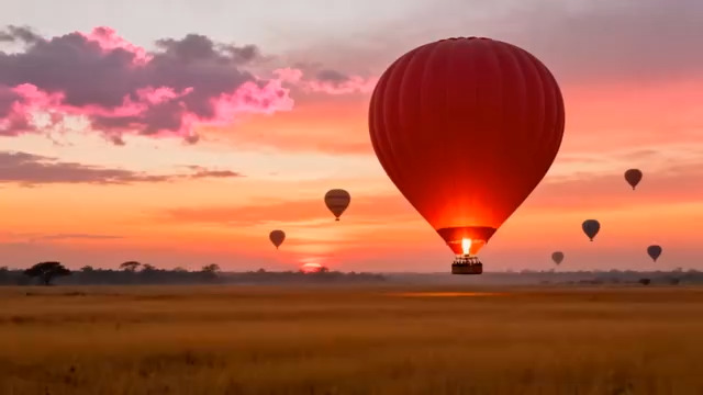  日出时分的红色热气球1839#横屏 	 -