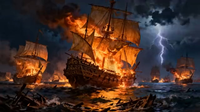  燃烧的古代帆船海战1816#横屏 	 