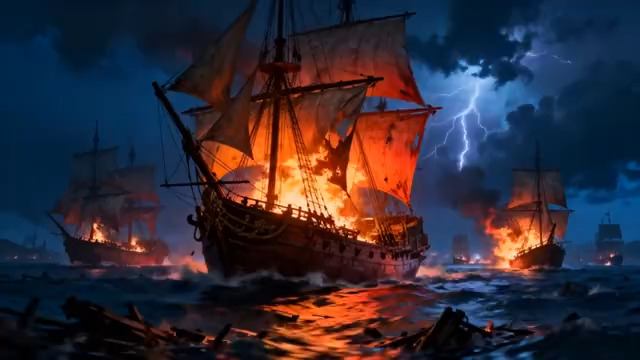  燃烧的古代帆船1815#横屏 	 -