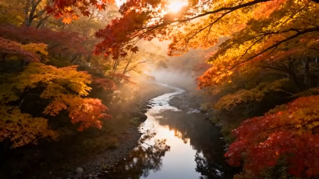  秋日溪谷红叶晨雾1796#横屏 	 